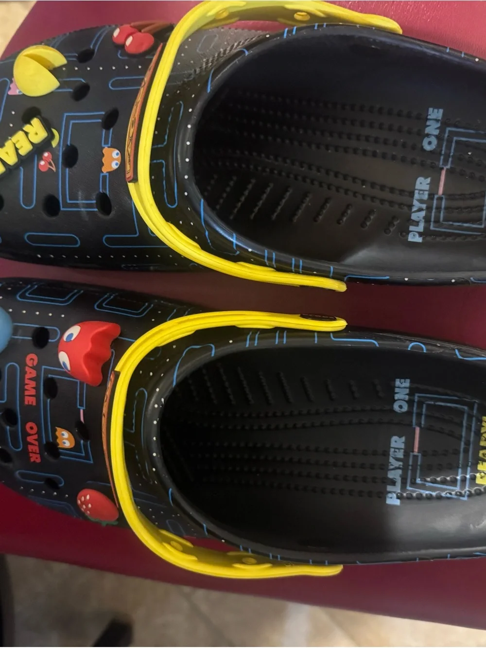 CROCS Men’s Limited Edition Pac-Man Black Clogs with Yellow Strap and Red